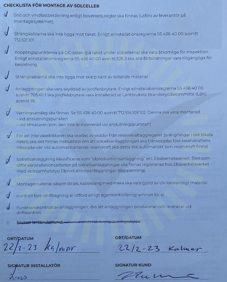 Checklista för montering av solceller